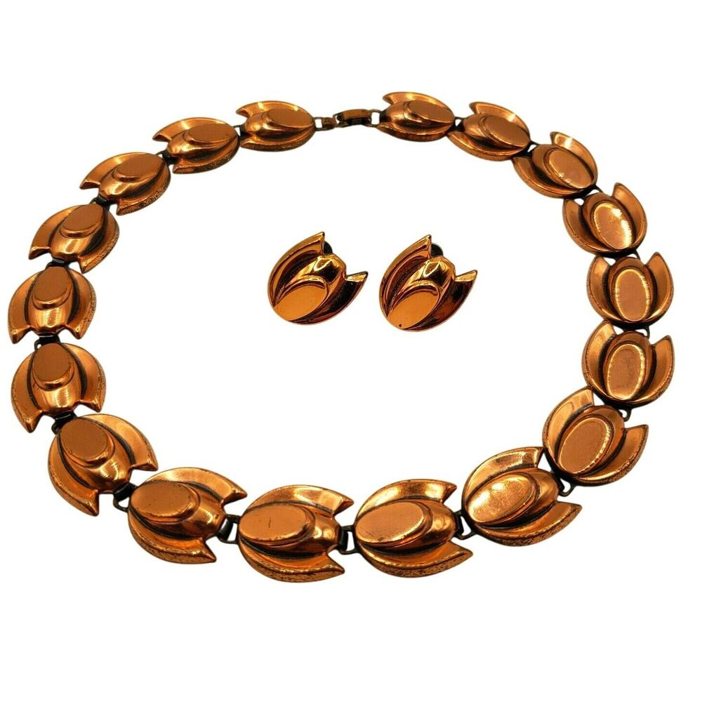 Matisse Renoir Copper Tulip Choker Necklace Earrings Screw Back Mid Century Mod